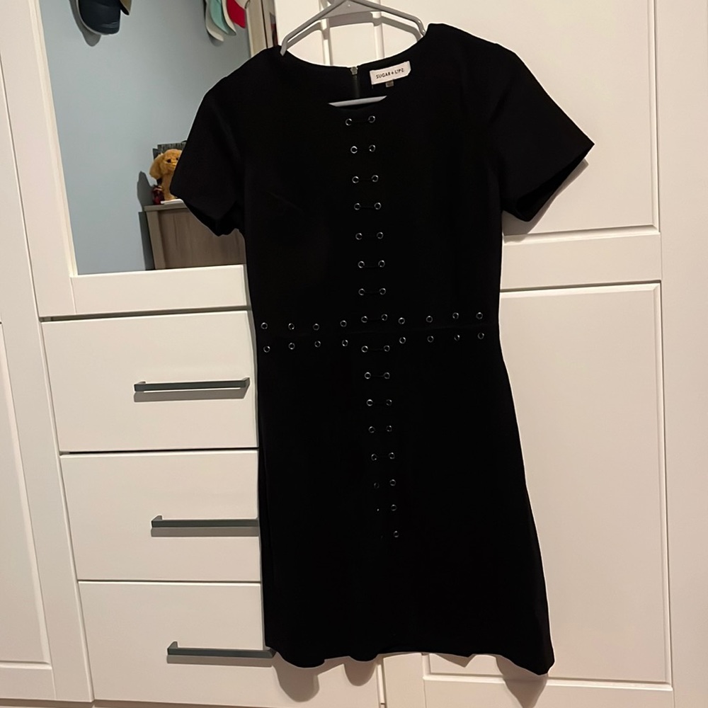 Black suede short dress with short sleeves